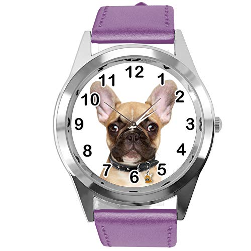 Taport® Armbanduhr Analog Quarz mit Echtlederband violett rund für Französische Bulldogge Fans von TAPORT