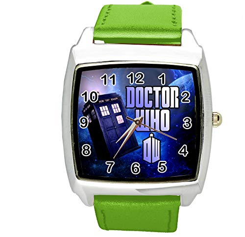 Taport® DR Who, Quarz-Uhr, quadratisch, SCI FI, E2, grünes Echtleder-Armband, inklusive Ersatzakku und Geschenkbeutel von TAPORT