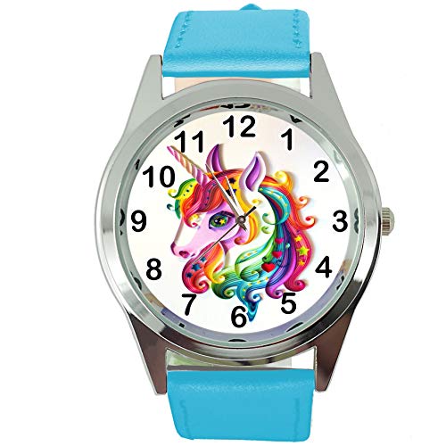 Taport® Damen-Armbanduhr Analog Quarz mit Echtlederband blau rund Einhorn E1 von TAPORT