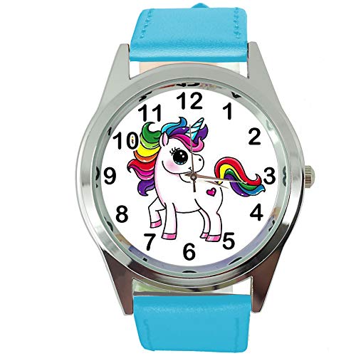 Taport® Damen-Armbanduhr Analog Quarz mit Echtlederband blau rund Einhorn E2 von TAPORT