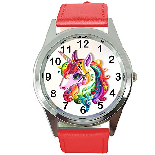 Taport® Damen-Armbanduhr Analog Quarz mit Echtlederband rot rund Einhorn E1 von TAPORT