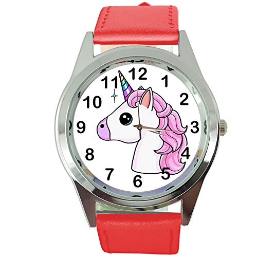 Taport® Damen-Armbanduhr Analog Quarz mit Echtlederband rot rund Einhorn E3 von TAPORT