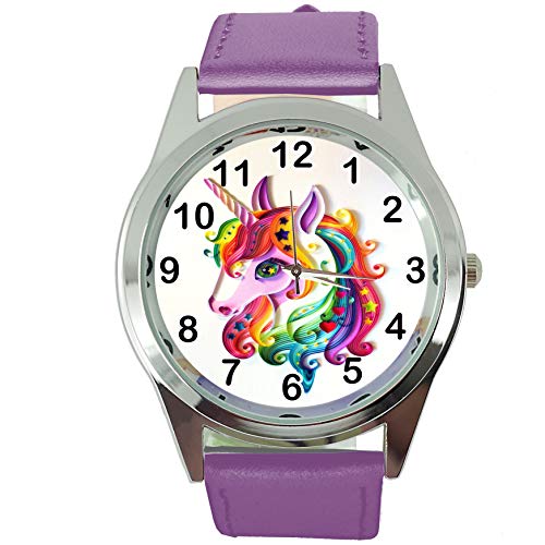 Taport® Damen-Armbanduhr Analog Quarz mit Echtlederband violett rund Einhorn E1 von TAPORT