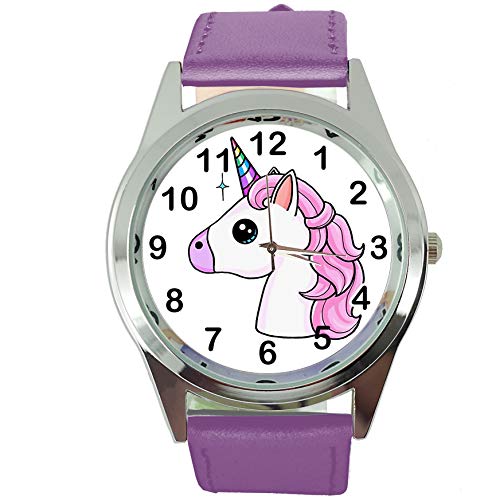 Taport® Damen-Armbanduhr Analog Quarz mit Echtlederband violett rund Einhorn E3 von TAPORT