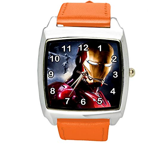 Taport® Iron Man Quarz-Armbanduhr, quadratisch, SCI FI, echtes Lederband, inklusive Ersatzakku und Geschenkbeutel, Orange von TAPORT