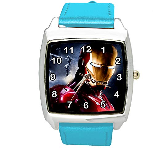 Taport® Iron Man Quarz-Armbanduhr, quadratisch, blaues Echtleder-Armband, inklusive Ersatzakku und Geschenkbeutel von TAPORT