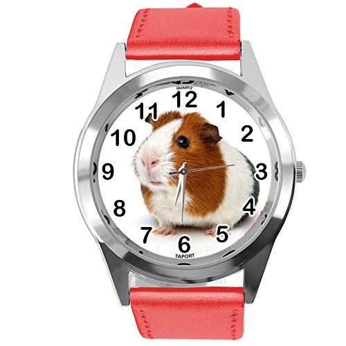 TAPORT® Runde Armbanduhr für Meerschweinchen-Fans, Leder, Rot von TAPORT