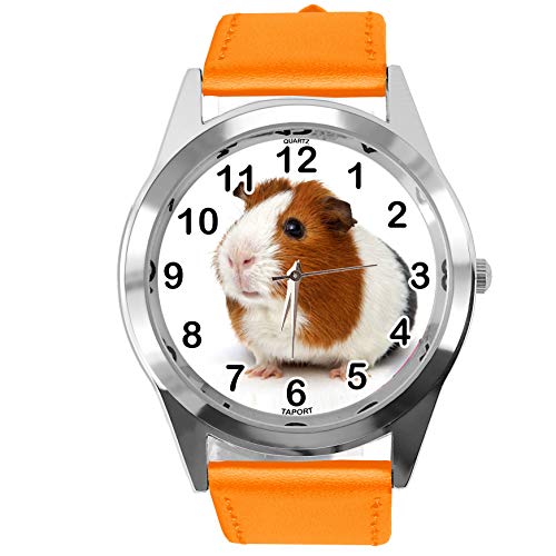 TAPORT® Orange Leder Runde Uhr für Meerschweinchen-Fans von TAPORT