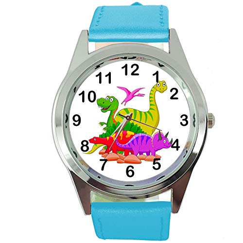 TAPORT® Dinosaurier-Quarz-Armbanduhr, rund, mit blauem Echtlederband. von TAPORT