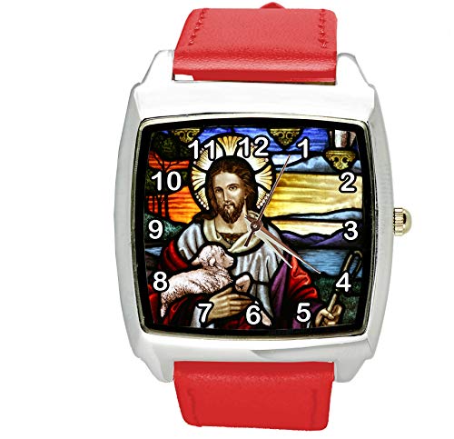 TAPORT® Jesus Christus Quarz-Armbanduhr, quadratisch, rotes Lederband von TAPORT