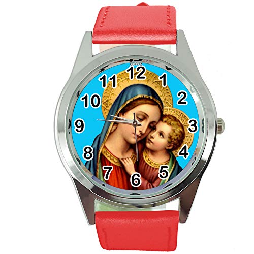 TAPORT® Heilige Maria Quarz-Armbanduhr, rund, rotes Lederband von TAPORT