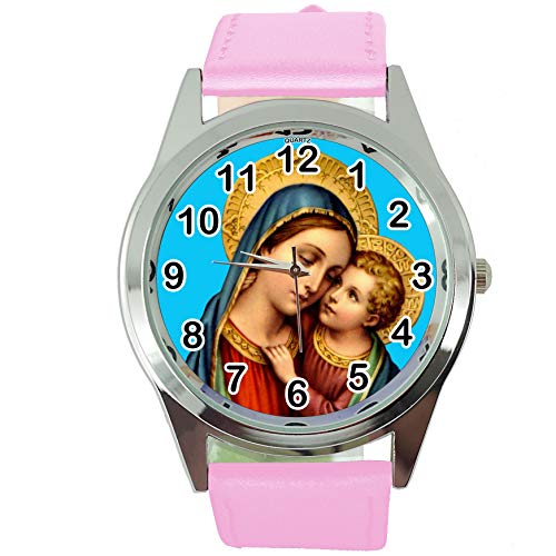 TAPORT® Heilige Maria Quarz-Armbanduhr, rundes Lederband, rosa von TAPORT