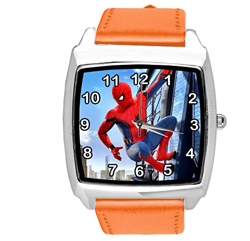 Taport® Quarzuhr Orange Lederband Quadrat für Spiderman Fans E2 von TAPORT