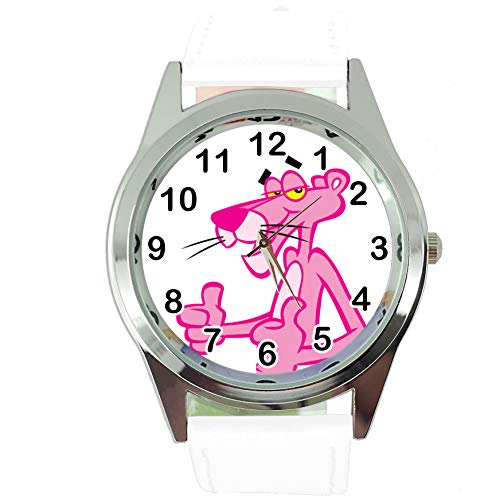 Taport® The Pink Panther Quarz-Armbanduhr, rund, SCI FI, weißes Echtleder-Armband, inklusive Ersatzakku und Geschenkbeutel von TAPORT