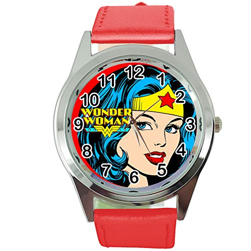 Taport® Wonder Woman Quarz-Armbanduhr, rund, SCI FI, echtes Lederband, inklusive Ersatzakku und Geschenkbeutel, Rot von TAPORT