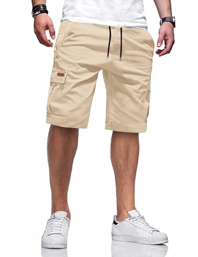 TARAINYA Cargo Kurze Hosen Herren Baumwolle Bermuda Sommer Chino Shorts Hose Herren Tunnelzug Elastische Taille mit 6 Taschen Aprikose L von TARAINYA