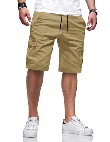 TARAINYA Cargo Kurze Hosen Herren Baumwolle Bermuda Sommer Chino Shorts Hose Herren Tunnelzug Elastische Taille mit 6 Taschen Hellkhaki L von TARAINYA