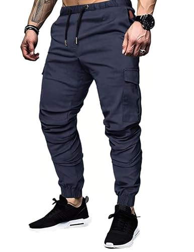 TARAINYA Cargohose Herren Baumwolle mit 6 Taschen Jogginghose Chino Kordelzug Männer Outdoor Modern Stretch Elastische Marineblau L von TARAINYA