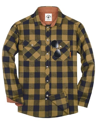 TARAINYA Flanellhemd Herren Langarm Kariertes Karohemd Holzfällerhemd Oktoberfest mit Tasche Regular Fit Gelb Marineblau 2XL von TARAINYA