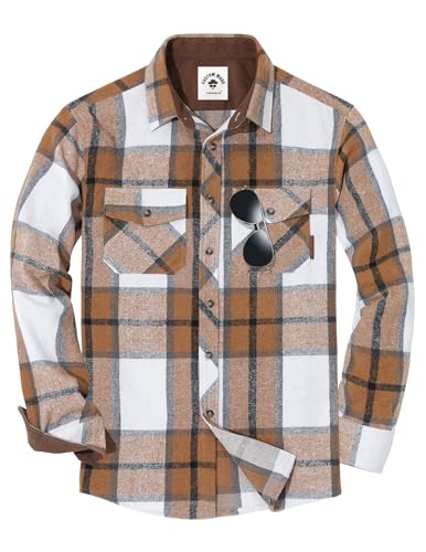 TARAINYA Flanellhemd Herren Langarm Kariertes Karohemd Holzfällerhemd Oktoberfest mit Tasche Regular Fit Khaki Weiß 3XL von TARAINYA