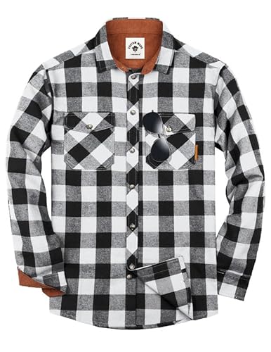 TARAINYA Flanellhemd Herren Langarm Kariertes Karohemd Holzfällerhemd Oktoberfest mit Tasche Regular Fit Schwarz Weiß M von TARAINYA