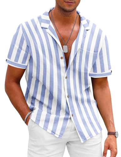 TARAINYA Gestreiftes Leinenhemd Herren Hemd Kurzarmhemd Sommerhemd Cuba Kragen Freizeithemd Baumwolle Casual Männer Leinen Mit Tasche Strand Regular Fit Leinenshirt Blau Weiss XL von TARAINYA