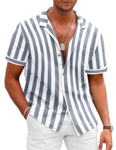 TARAINYA Gestreiftes Leinenhemd Herren Hemd Kurzarmhemd Sommerhemd Cuba Kragen Freizeithemd Baumwolle Casual Männer Leinen Mit Tasche Strand Regular Fit Leinenshirt Marineblau weiß XL von TARAINYA