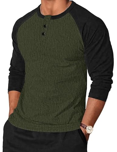 TARAINYA Henley Shirt Herren Baumwolle Longsleeve Langarmshirt Pullover Männer mit Knopfleiste Armeegrün Schwarz 2XL von TARAINYA