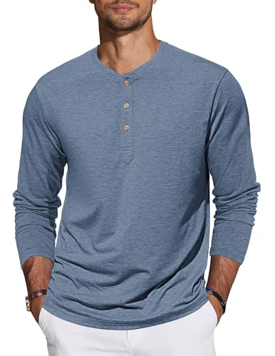 TARAINYA Henley Shirt Herren Baumwolle T-Shirt Langarm Pullover Einfarbig mit 3 Knopfleiste Grau blau 2XL von TARAINYA