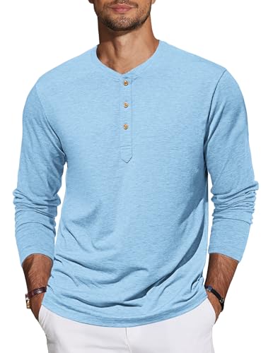 TARAINYA Henley Shirt Herren Baumwolle T-Shirt Langarm Pullover Einfarbig mit 3 Knopfleiste Hellblau M von TARAINYA