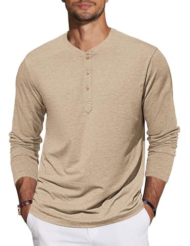 TARAINYA Henley Shirt Herren Baumwolle T-Shirt Langarm Pullover Einfarbig mit 3 Knopfleiste Khaki XL von TARAINYA