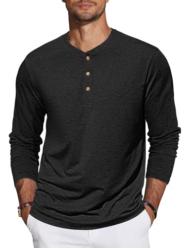 TARAINYA Henley Shirt Herren Baumwolle T-Shirt Langarm Pullover Einfarbig mit 3 Knopfleiste Schwarz XL von TARAINYA