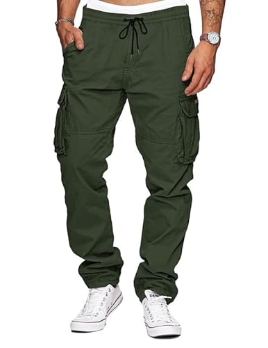 TARAINYA Herren Cargohose Baumwolle Baggy Hose Herren Kordelzug Outdoorhose Stretch Chino Männer Modern mit Taschen Armeegrün S von TARAINYA