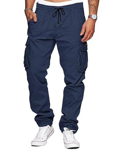TARAINYA Cargohose Herren Baumwolle Baggy Hosen Stretch Outdoorhose mit Kordelzug und Taschen Dunkelblau M von TARAINYA