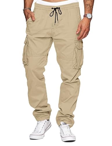 TARAINYA Herren Cargohose Baumwolle Baggy Hose Herren Kordelzug Outdoorhose Stretch Chino Männer Modern mit Taschen Helleskhaki XL von TARAINYA