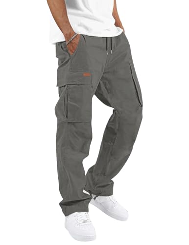 TARAINYA Hosen Herren Cargo Baumwolle Lang Cargohosen Männer Chino Outdoorhose Kordelzug Stretch Modern mit Taschen Dunkelgrau Grün L von TARAINYA