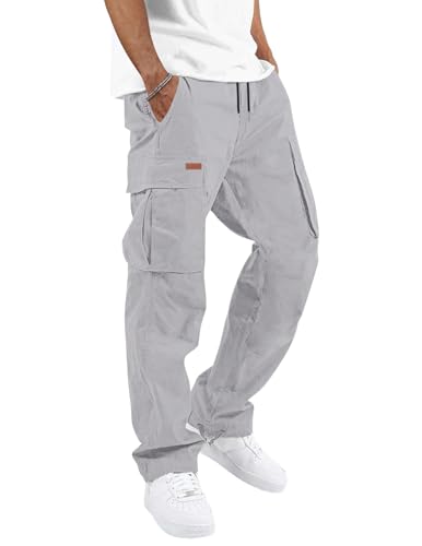 TARAINYA Hosen Herren Cargo Baumwolle Lang Cargohosen Männer Chino Outdoorhose Kordelzug Stretch Modern mit Taschen Grau 3XL von TARAINYA