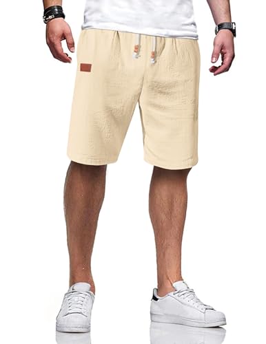 TARAINYA Kurze Hosen Herren Baumwolle Leinen mit Gummizug Freizeithose Casual Shorts Sommer Leicht mit Taschen Aprikose L von TARAINYA