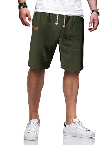 TARAINYA Kurze Hosen Herren Baumwolle Leinen mit Gummizug Freizeithose Casual Shorts Sommer Leicht mit Taschen Armeegrüne 2XL von TARAINYA