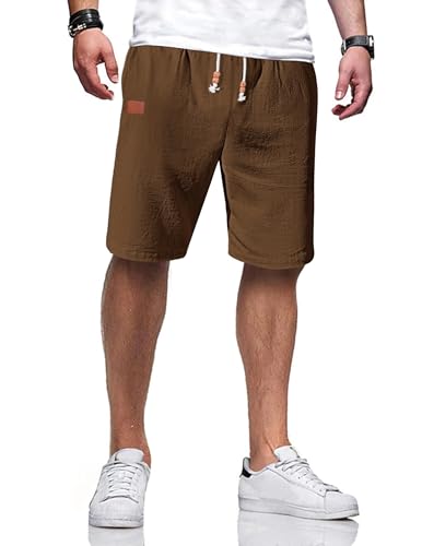 TARAINYA Kurze Hosen Herren Baumwolle Leinen mit Gummizug Freizeithose Casual Shorts Sommer Leicht mit Taschen Braun XL von TARAINYA