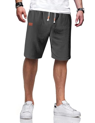 TARAINYA Kurze Hosen Herren Baumwolle Leinen mit Gummizug Freizeithose Casual Shorts Sommer Leicht mit Taschen Dunkelgrau M von TARAINYA