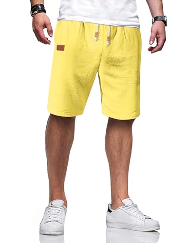 TARAINYA Kurze Hosen Herren Baumwolle Leinen mit Gummizug Freizeithose Casual Shorts Sommer Leicht mit Taschen Gelb M von TARAINYA