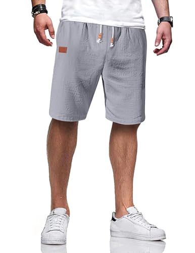 TARAINYA Kurze Hosen Herren Baumwolle Leinen mit Gummizug Freizeithose Casual Shorts Sommer Leicht mit Taschen Grau M von TARAINYA