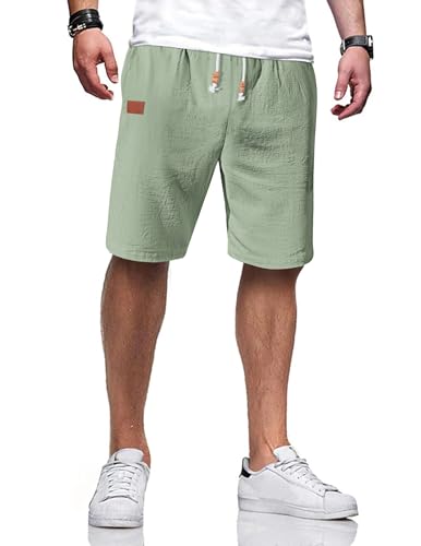 TARAINYA Kurze Hosen Herren Baumwolle Leinen mit Gummizug Freizeithose Casual Shorts Sommer Leicht mit Taschen Grün XL von TARAINYA