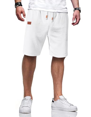 TARAINYA Kurze Hosen Herren Baumwolle Leinen mit Gummizug Freizeithose Casual Shorts Sommer Leicht mit Taschen Weiß 3XL von TARAINYA