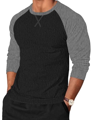 TARAINYA Langarmshirt Herren Baumwolle Rundhals Longsleeve T-Shirt Männer Patchwork mit Ausschnittnäht Schwarz Dunkelgrau XXL von TARAINYA