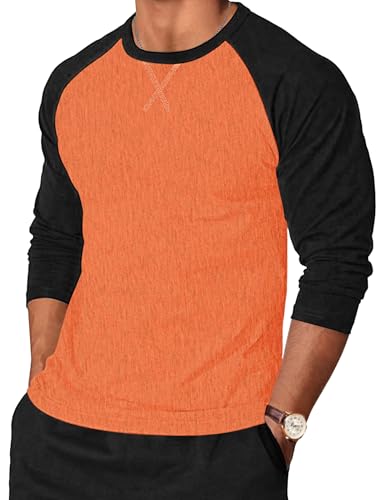 TARAINYA Langarmshirt Herren Baumwolle Rundhals Longsleeve T-Shirt Männer Patchwork mit Ausschnittnäht Orange Schwarz 4XL von TARAINYA