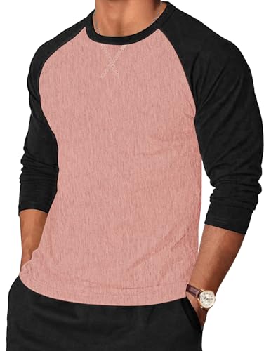 TARAINYA Langarmshirt Herren Baumwolle Rundhals Longsleeve T-Shirt Männer Patchwork mit Ausschnittnäht Rosa Schwarz L von TARAINYA