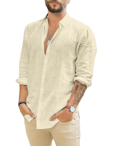 TARAINYA Leinenhemd Herren Langarm Baumwolle Freizeithemd Regular Fit mit Tasche Beige 2XL TARAINYA Leinenhemd Herren Langarm Baumwolle Freizeithemd Regular Fit mit Tasche Beige 2XL von TARAINYA