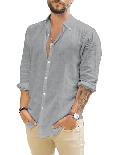 TARAINYA Leinenhemd Herren Langarm Baumwolle Freizeithemd Regular Fit mit Tasche Dunkelgrau 2XL von TARAINYA